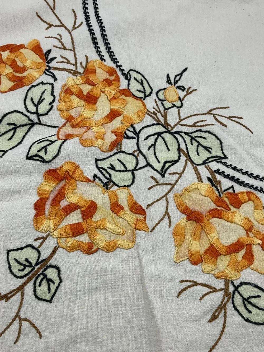 Vintage Hand Embroidered Floral Tablecloth